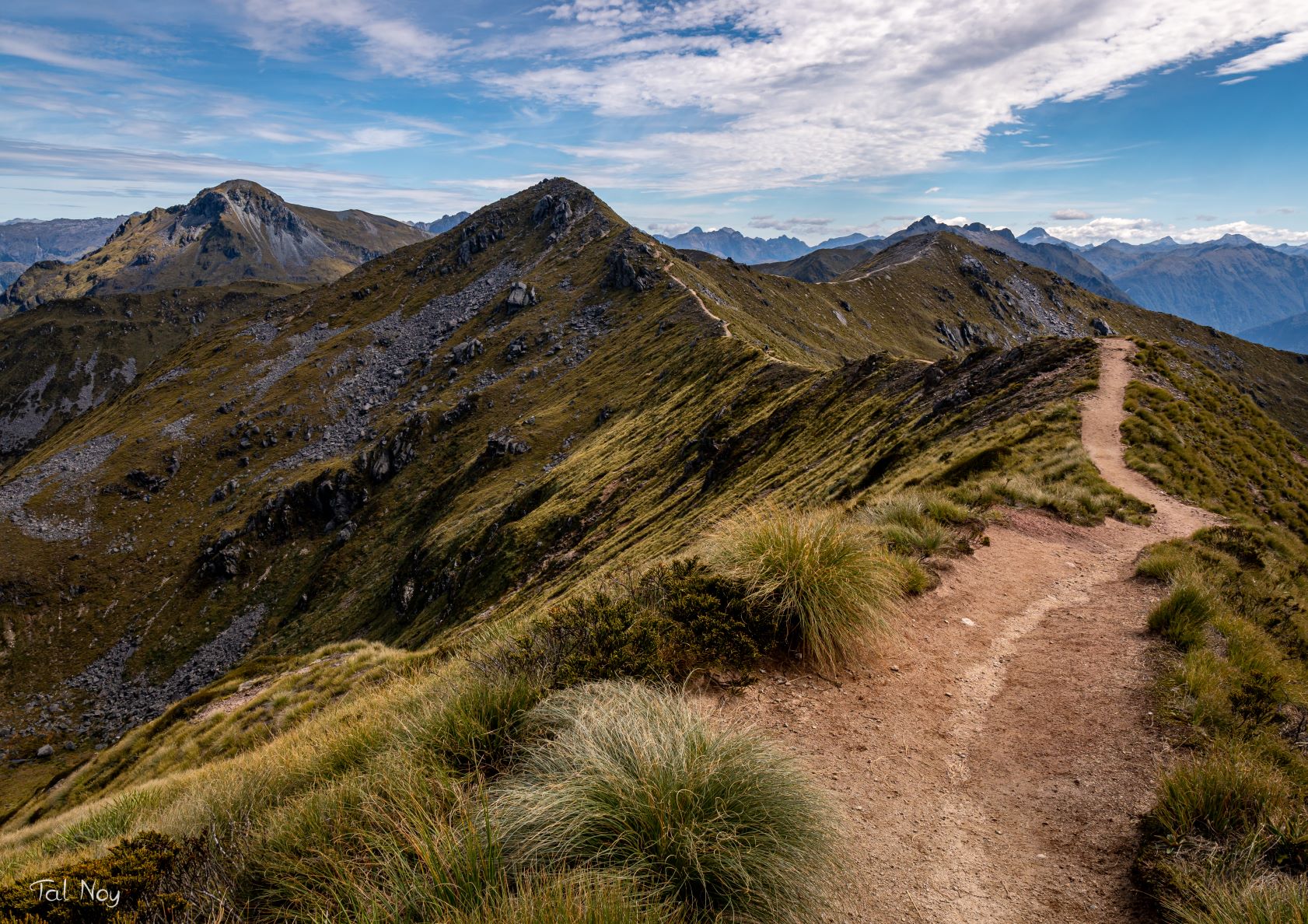 Sunlit ridge walk along the narrow edge of the Kepler Track, New Zealand